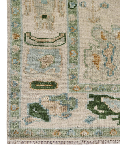 Hand Tufted Oushak Rug – Handmade Abstract Turkish Wool Area Rug | Vintage Organic Boho Carpet in Ivory, Sage Green & Sky Blue