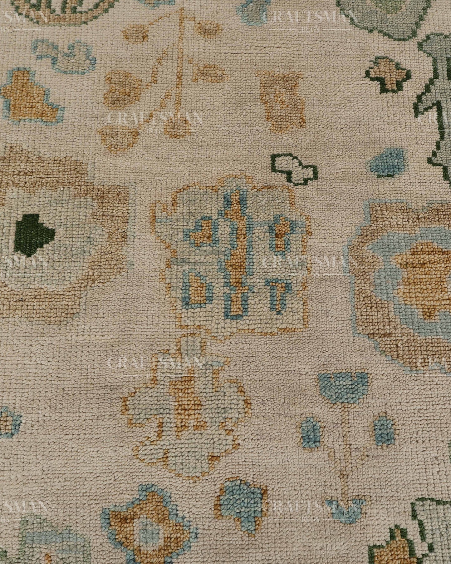 Hand Tufted Oushak Rug – Handmade Abstract Turkish Wool Area Rug | Vintage Organic Boho Carpet in Ivory, Sage Green & Sky Blue