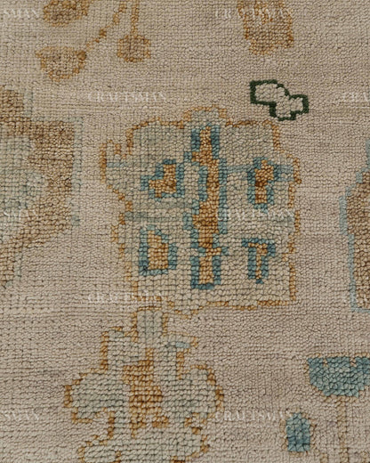 Hand Tufted Oushak Rug – Handmade Abstract Turkish Wool Area Rug | Vintage Organic Boho Carpet in Ivory, Sage Green & Sky Blue