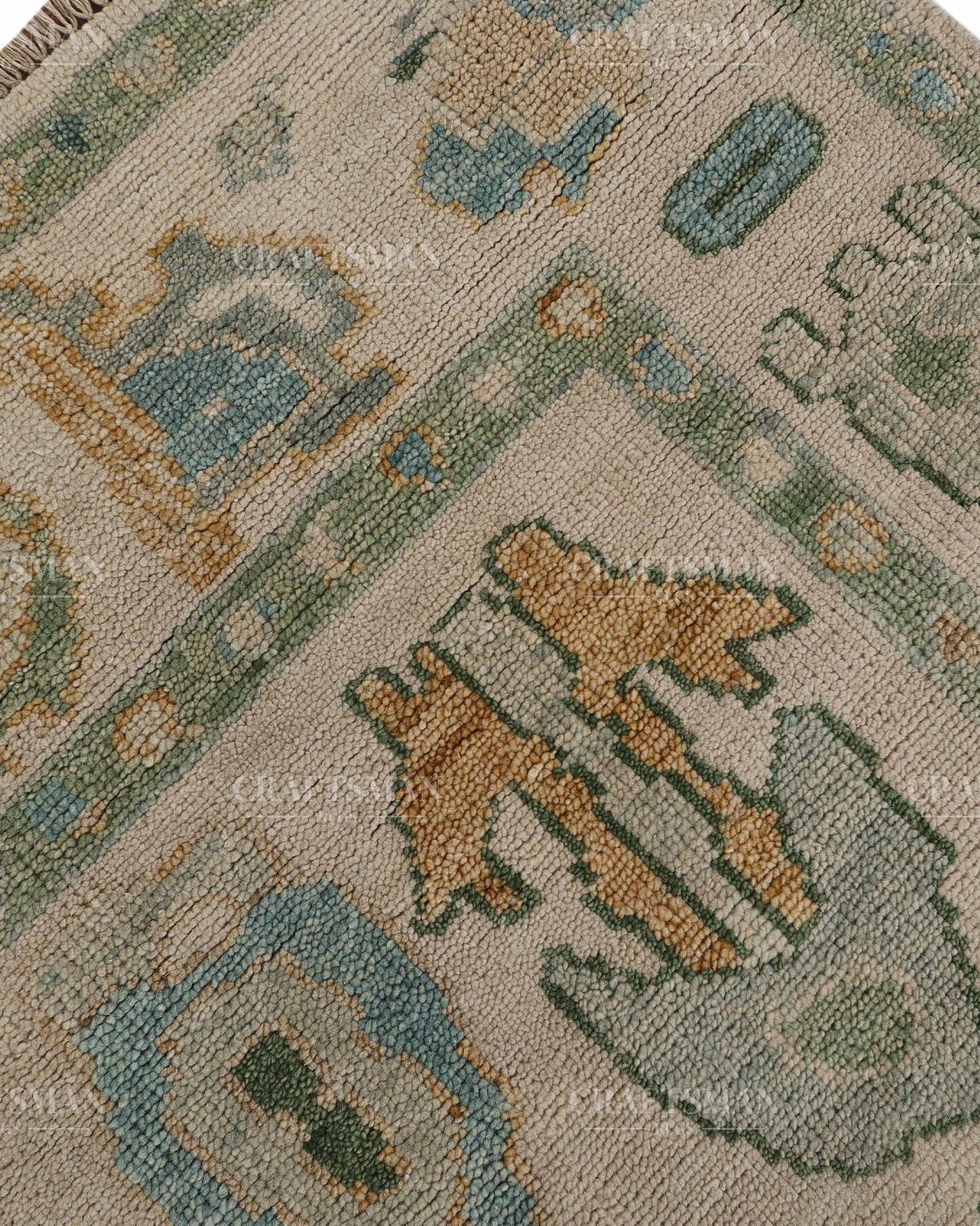 Hand Tufted Oushak Rug – Handmade Abstract Turkish Wool Area Rug | Vintage Organic Boho Carpet in Ivory, Sage Green & Sky Blue