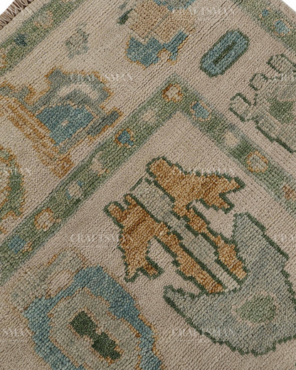 Hand Tufted Oushak Rug – Handmade Abstract Turkish Wool Area Rug | Vintage Organic Boho Carpet in Ivory, Sage Green & Sky Blue