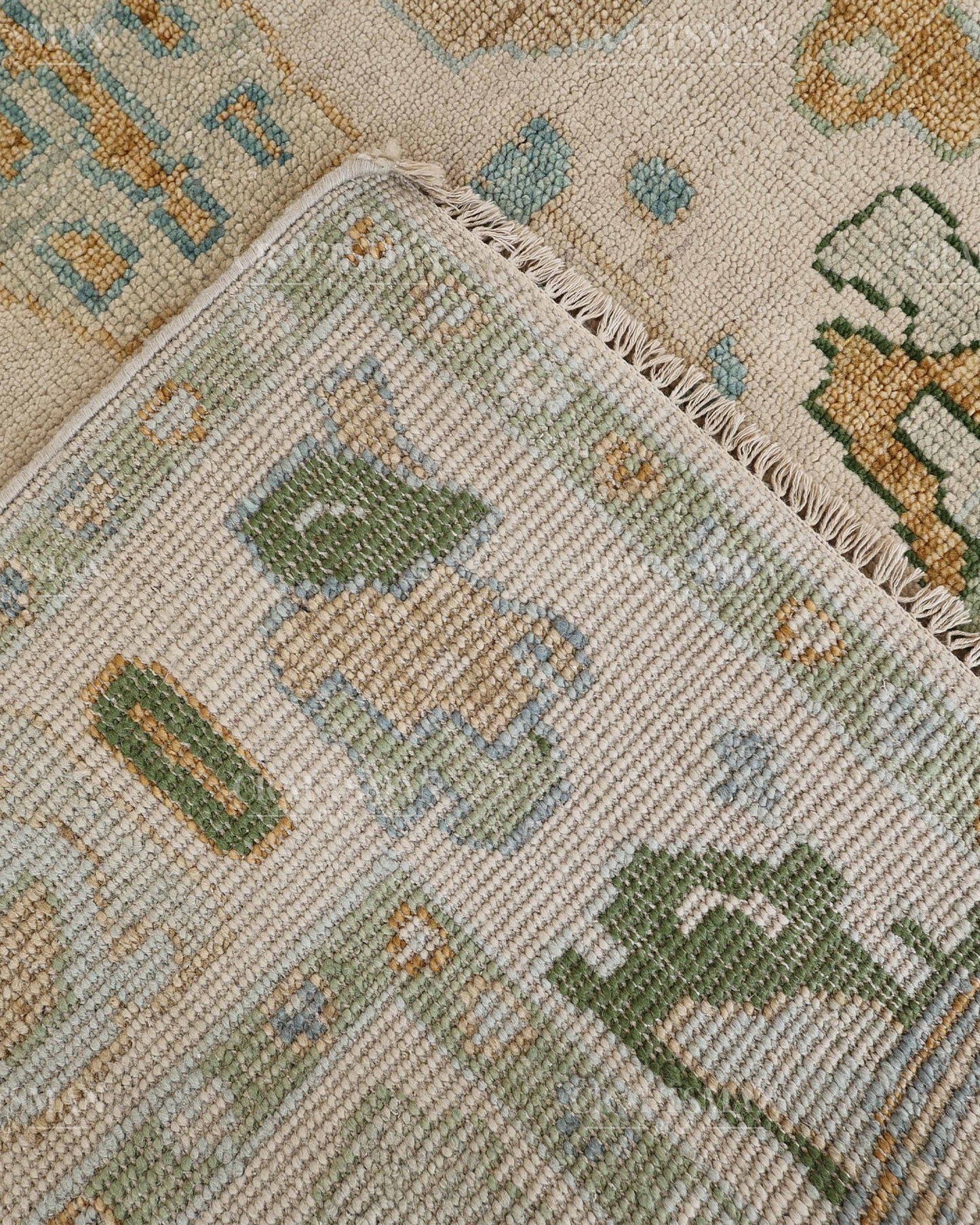 Hand Tufted Oushak Rug – Handmade Abstract Turkish Wool Area Rug | Vintage Organic Boho Carpet in Ivory, Sage Green & Sky Blue