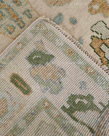 Hand Tufted Oushak Rug – Handmade Abstract Turkish Wool Area Rug | Vintage Organic Boho Carpet in Ivory, Sage Green & Sky Blue