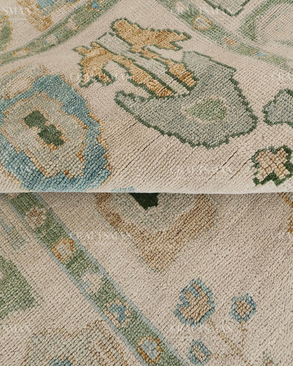 Hand Tufted Oushak Rug – Handmade Abstract Turkish Wool Area Rug | Vintage Organic Boho Carpet in Ivory, Sage Green & Sky Blue