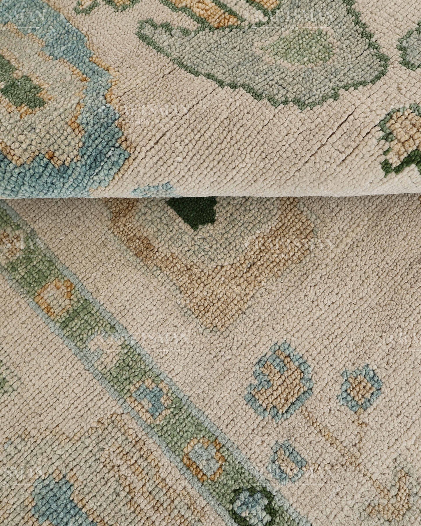 Hand Tufted Oushak Rug – Handmade Abstract Turkish Wool Area Rug | Vintage Organic Boho Carpet in Ivory, Sage Green & Sky Blue