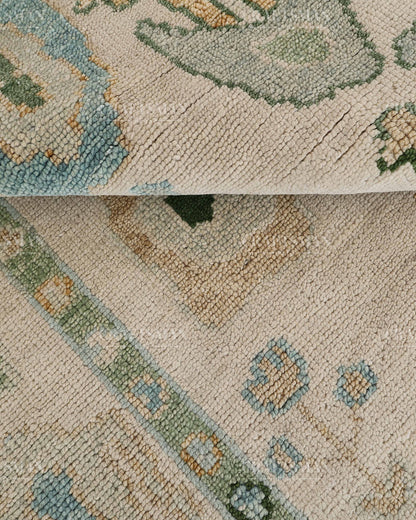 Hand Tufted Oushak Rug – Handmade Abstract Turkish Wool Area Rug | Vintage Organic Boho Carpet in Ivory, Sage Green & Sky Blue