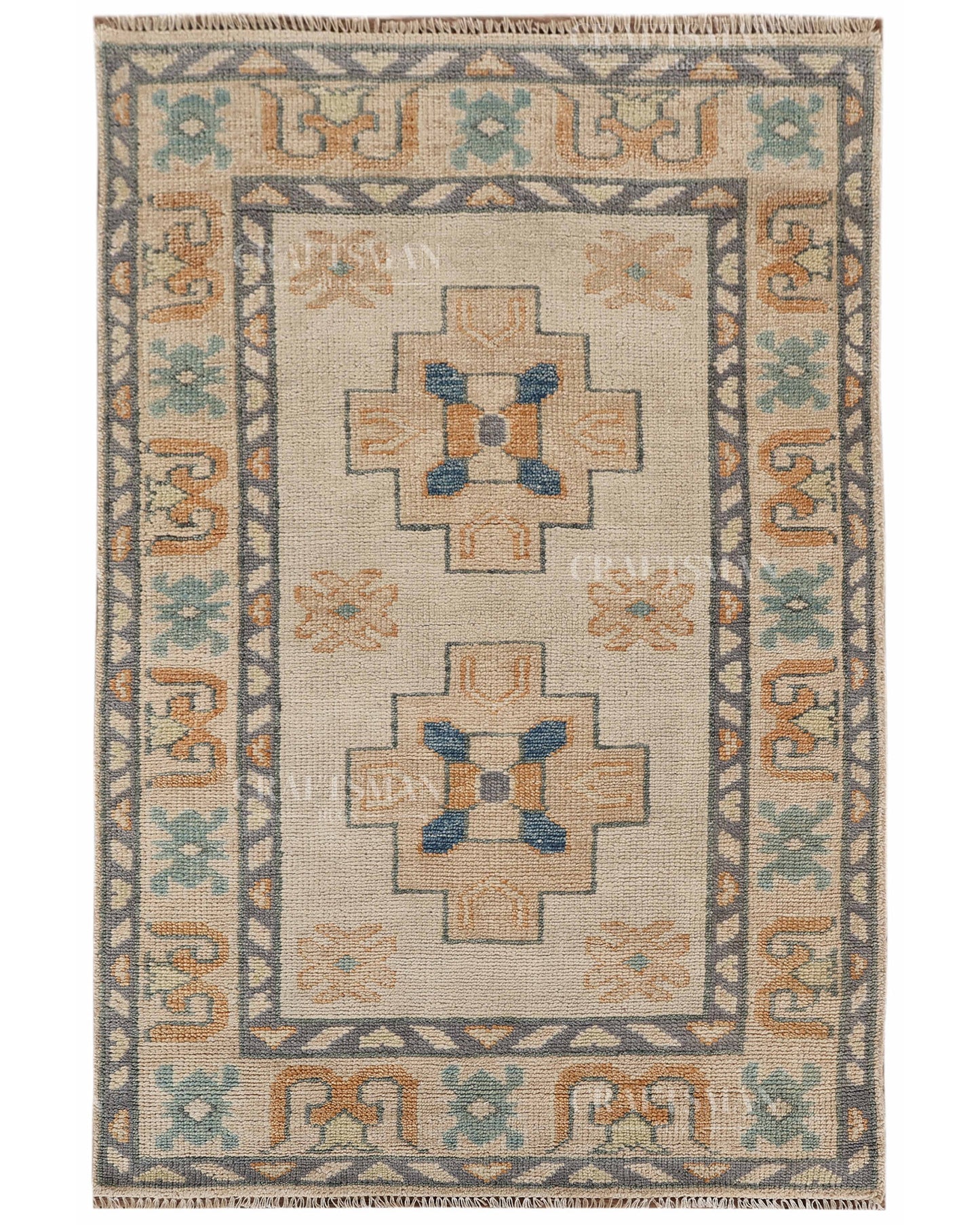 Hand Tufted Oushak Rug – Handmade Geometric Wool Area Rug | Vintage Turkish Accent Carpet in Ivory, Blue, Grey & Beige