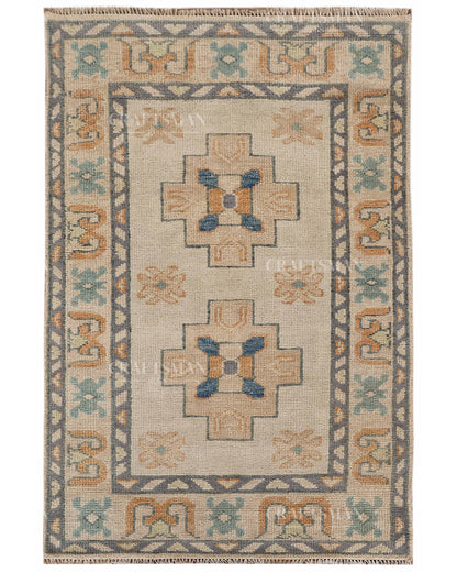 Hand Tufted Oushak Rug – Handmade Geometric Wool Area Rug | Vintage Turkish Accent Carpet in Ivory, Blue, Grey & Beige