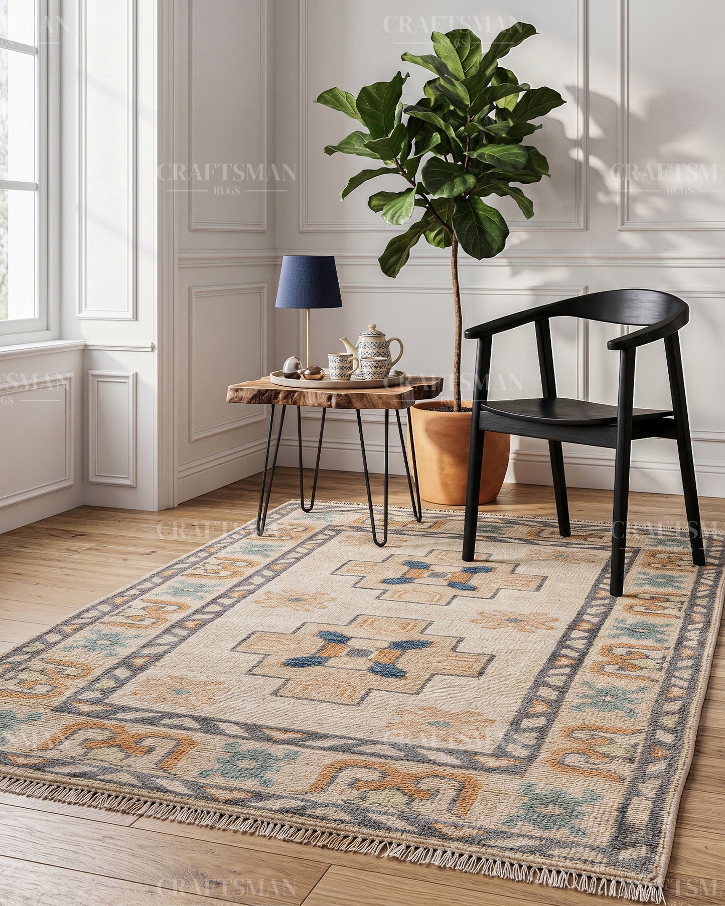Hand knotted Oushak Rug – Handmade Geometric Wool Area Rug | Vintage Turkish Accent Carpet in Ivory, Blue, Grey & Beige