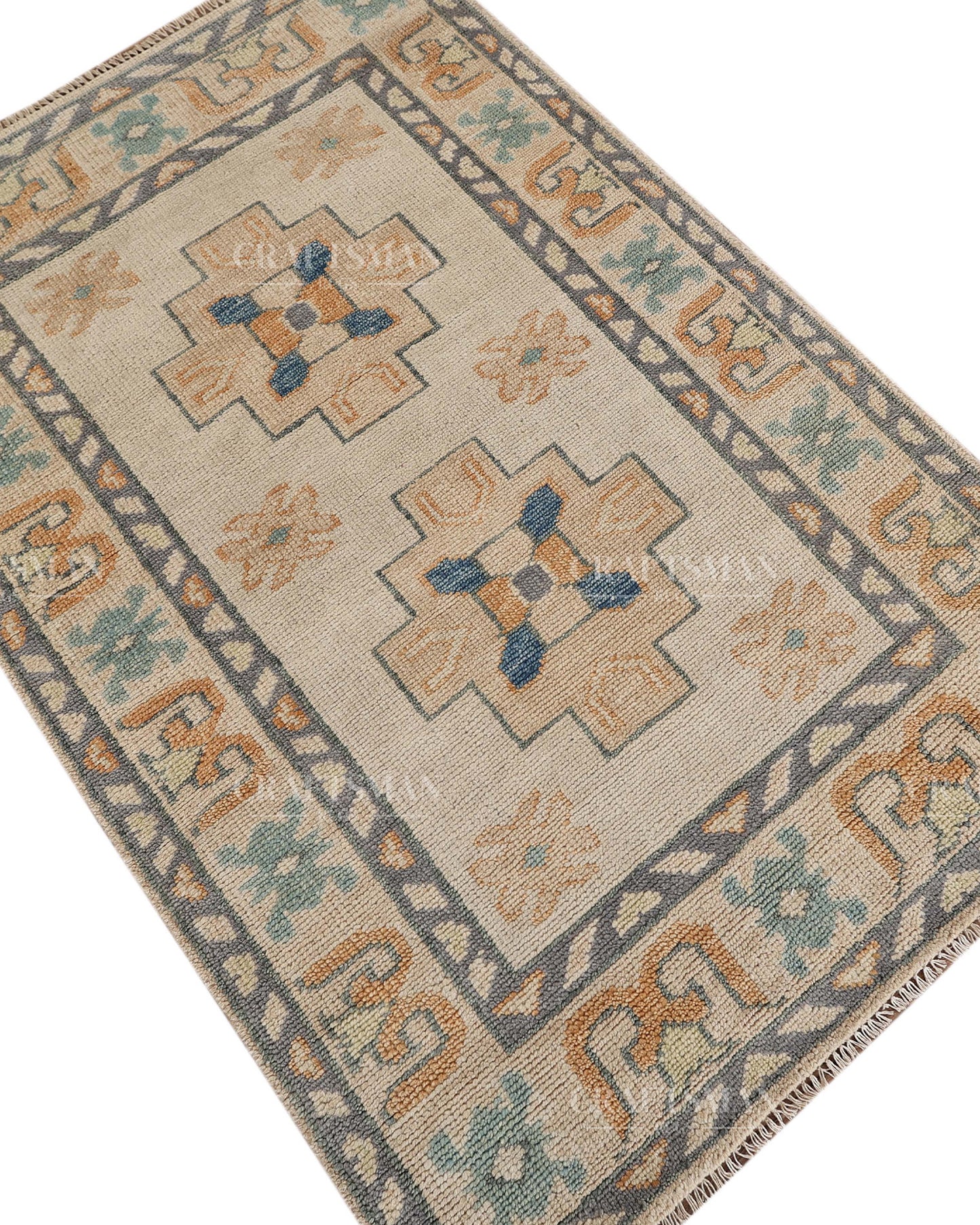Hand Tufted Oushak Rug – Handmade Geometric Wool Area Rug | Vintage Turkish Accent Carpet in Ivory, Blue, Grey & Beige