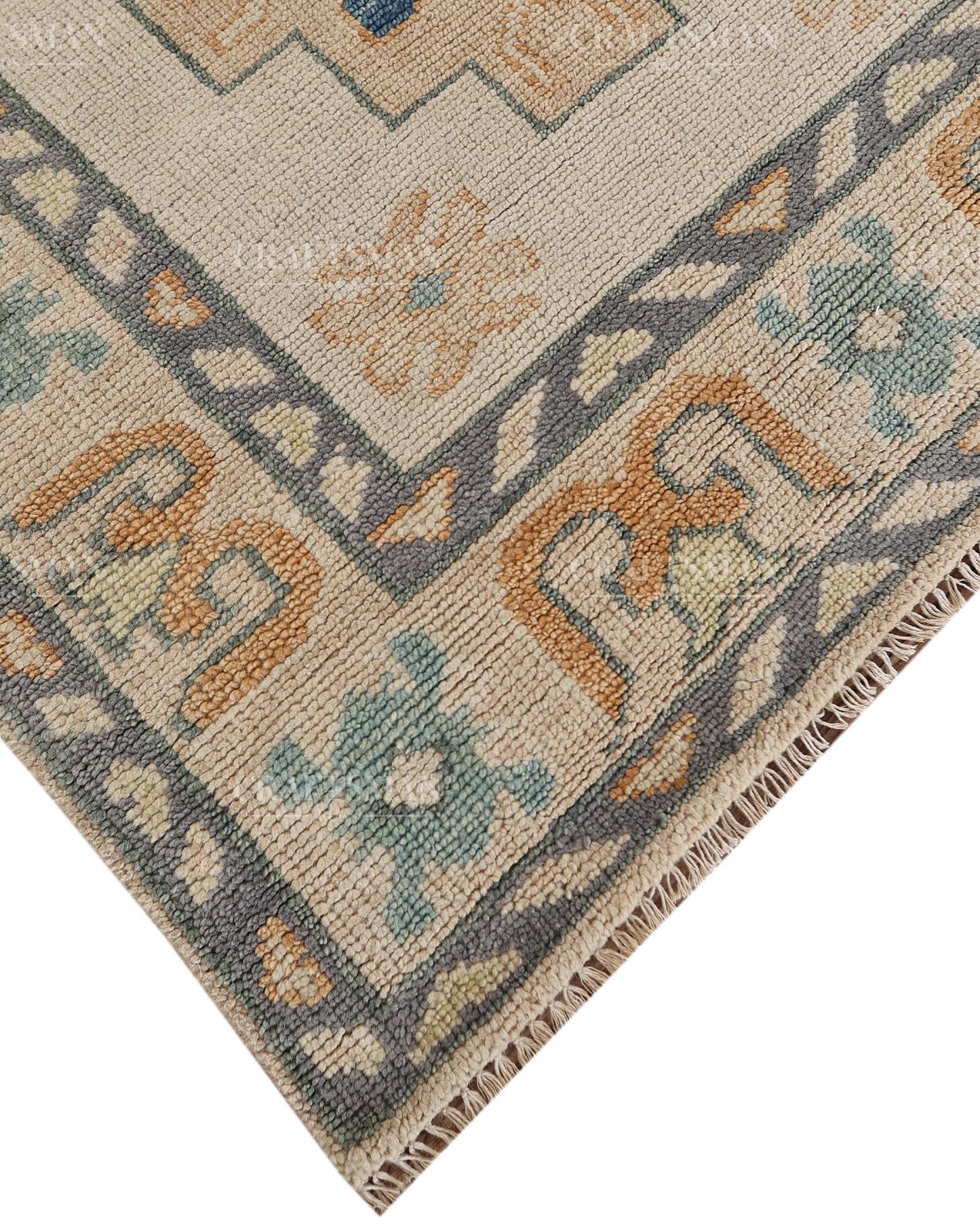 Hand Tufted Oushak Rug – Handmade Geometric Wool Area Rug | Vintage Turkish Accent Carpet in Ivory, Blue, Grey & Beige