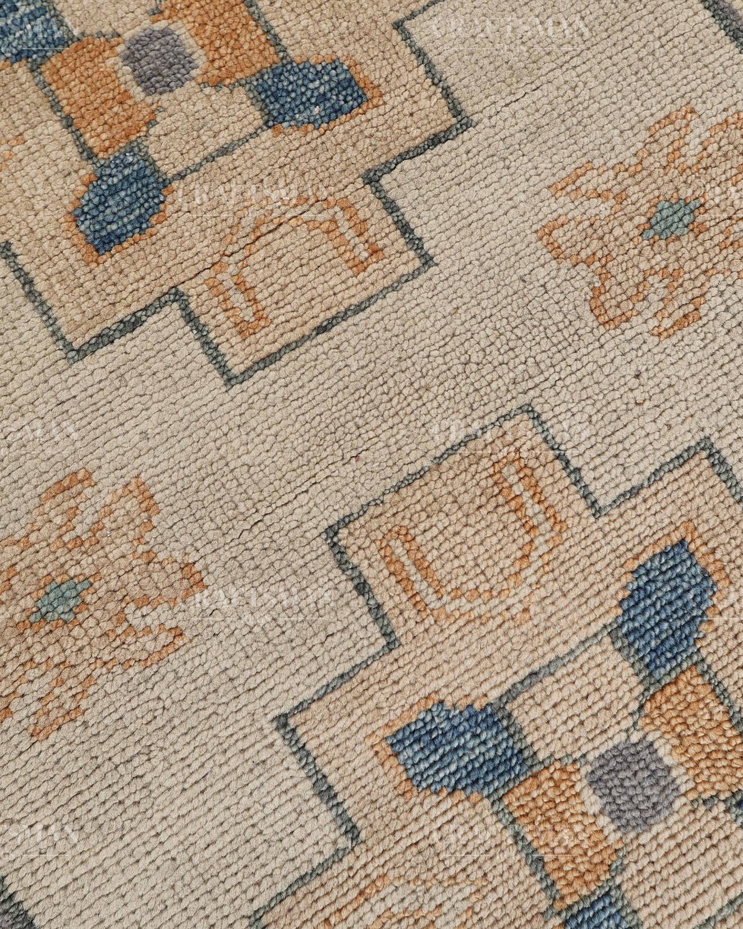 Hand Tufted Oushak Rug – Handmade Geometric Wool Area Rug | Vintage Turkish Accent Carpet in Ivory, Blue, Grey & Beige