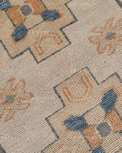 Hand Tufted Oushak Rug – Handmade Geometric Wool Area Rug | Vintage Turkish Accent Carpet in Ivory, Blue, Grey & Beige