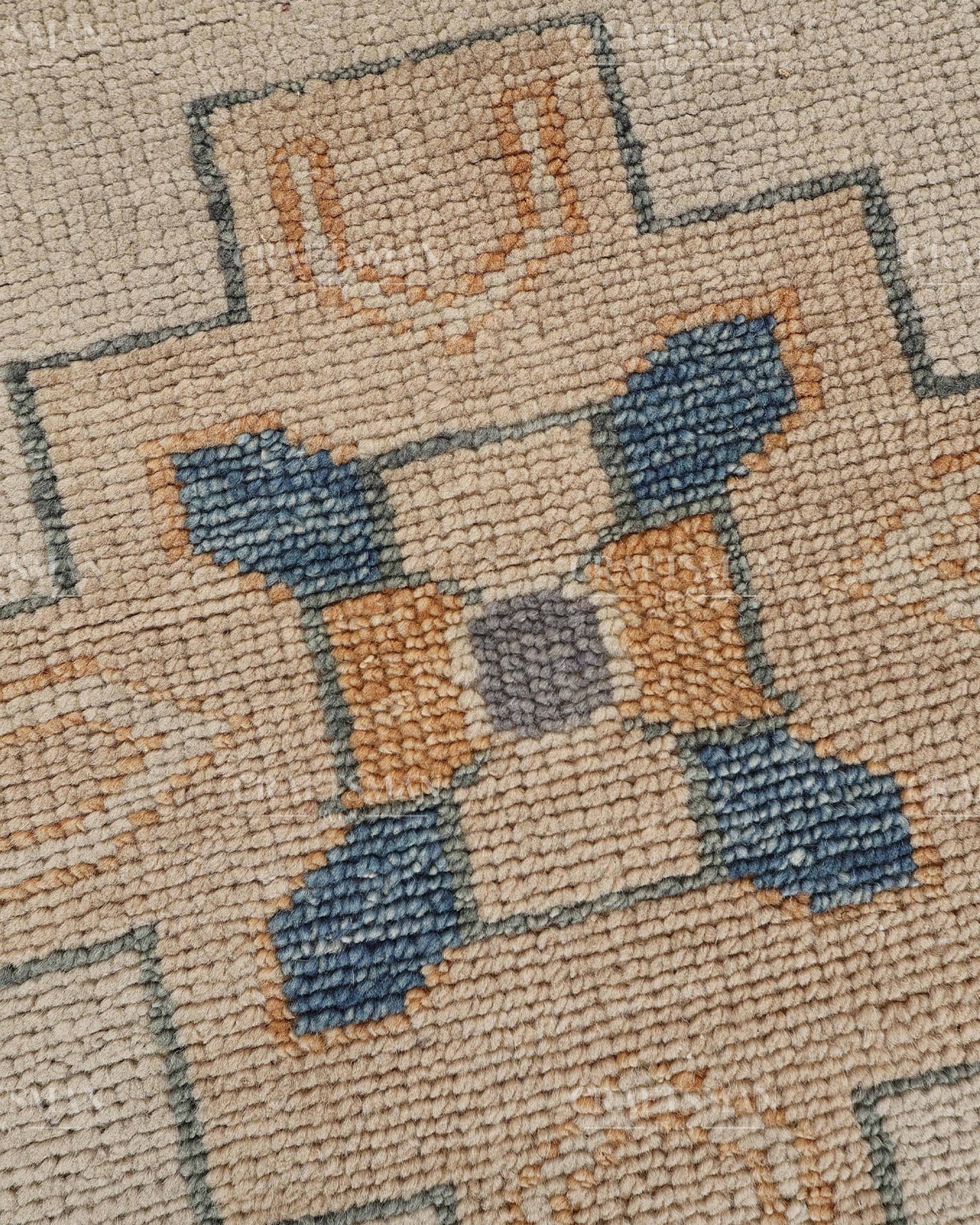 Hand Tufted Oushak Rug – Handmade Geometric Wool Area Rug | Vintage Turkish Accent Carpet in Ivory, Blue, Grey & Beige