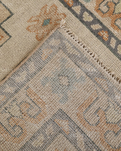 Hand Tufted Oushak Rug – Handmade Geometric Wool Area Rug | Vintage Turkish Accent Carpet in Ivory, Blue, Grey & Beige