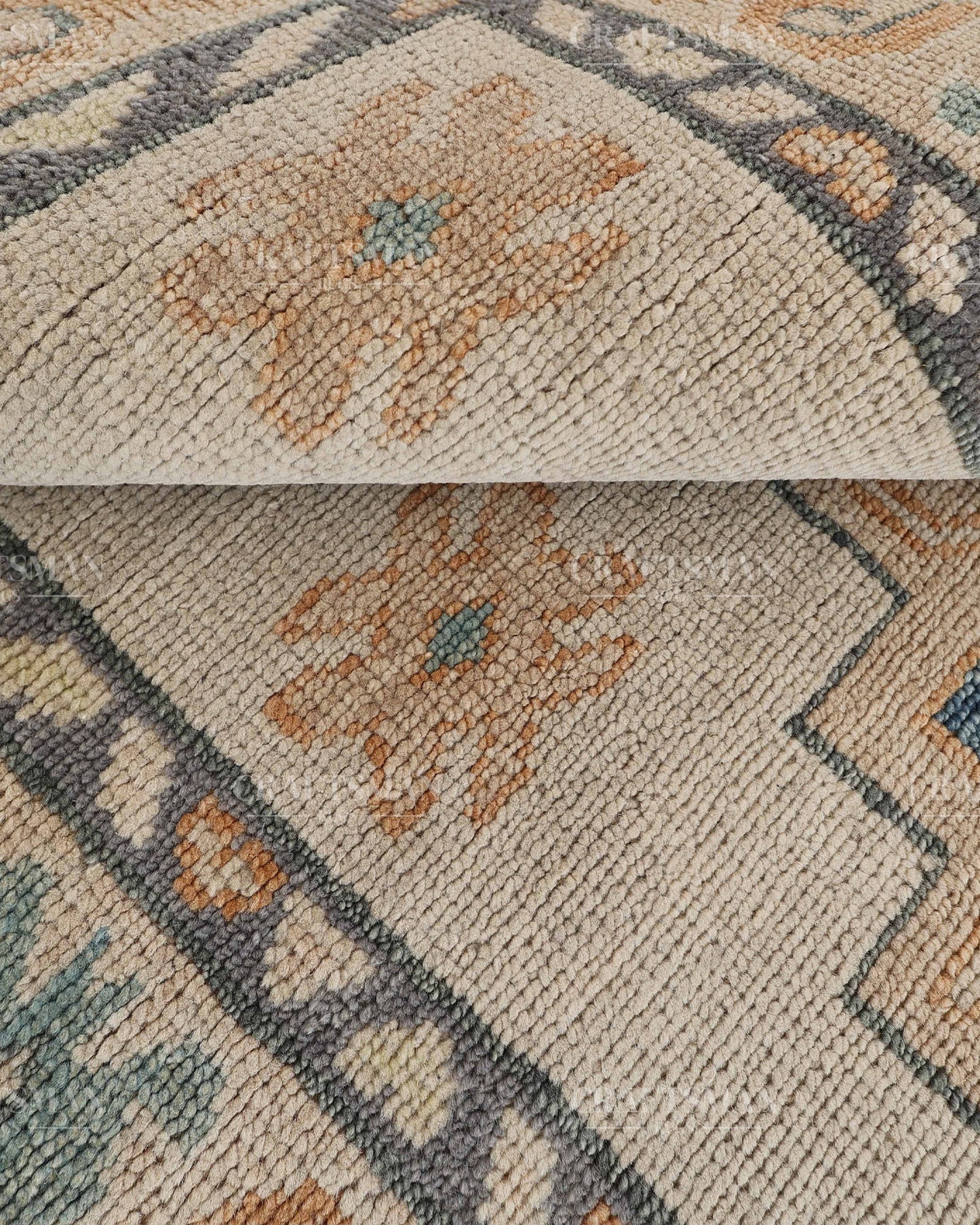 Hand Tufted Oushak Rug – Handmade Geometric Wool Area Rug | Vintage Turkish Accent Carpet in Ivory, Blue, Grey & Beige