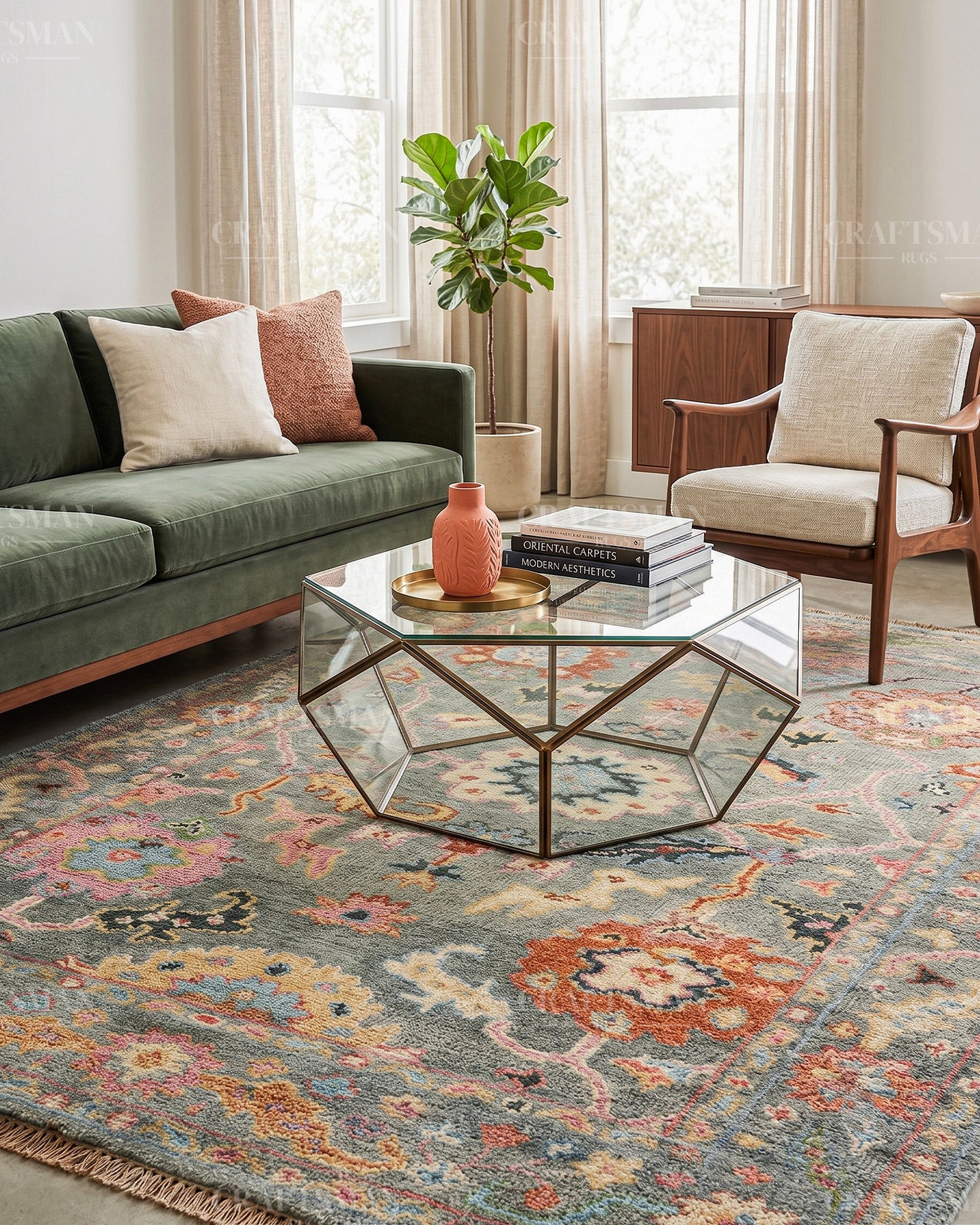 Hand Knotted Oushak Rug – Handmade Vintage Turkish Wool Area Rug | Traditional Floral Oriental Carpet in Sage Green, Blue & Rust