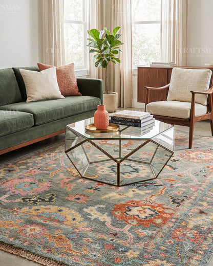 Hand Knotted Oushak Rug – Handmade Vintage Turkish Wool Area Rug | Traditional Floral Oriental Carpet in Sage Green, Blue & Rust