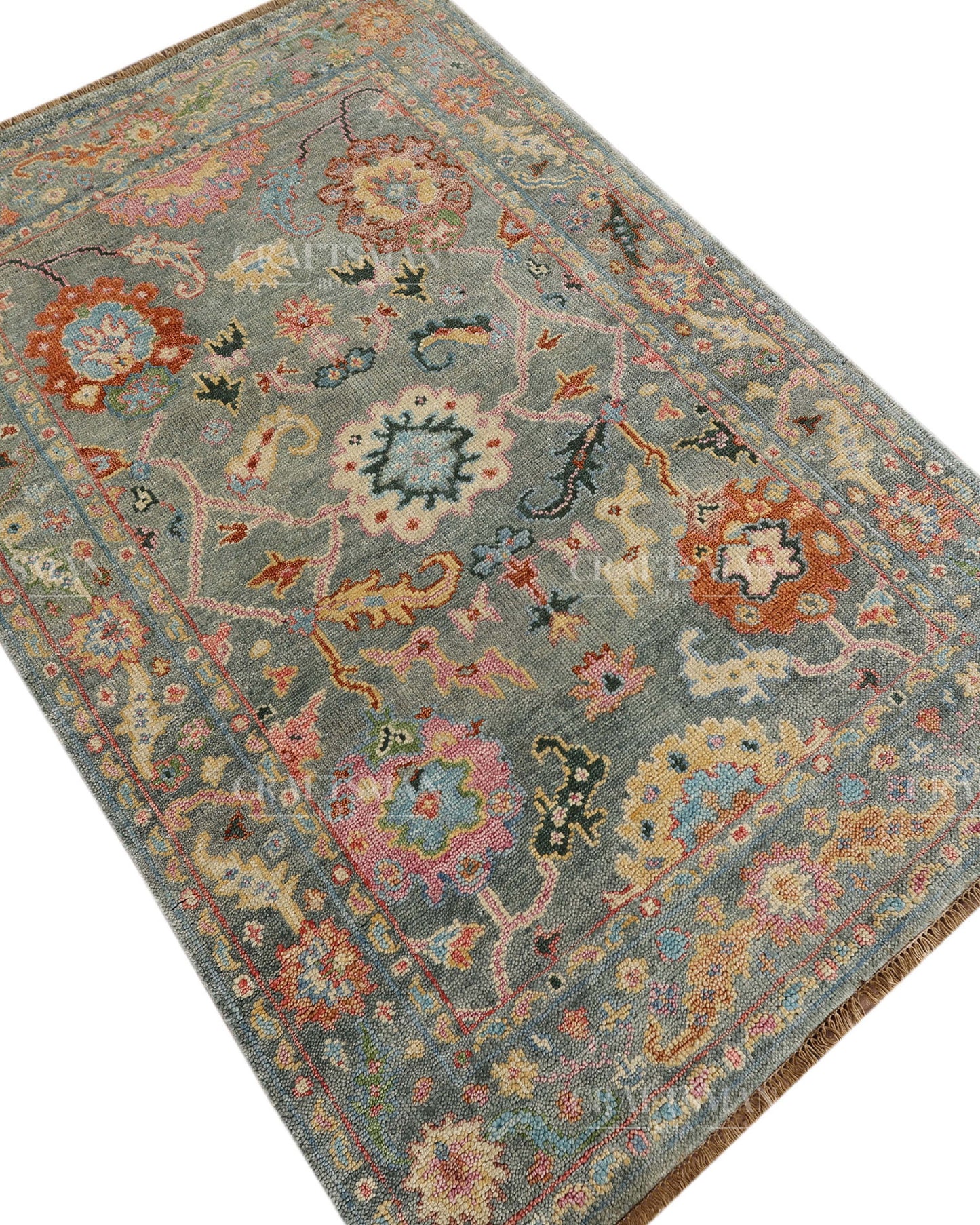 Hand Knotted Oushak Rug – Handmade Vintage Turkish Wool Area Rug | Traditional Floral Oriental Carpet in Sage Green, Blue & Rust