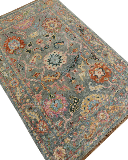 Hand Knotted Oushak Rug – Handmade Vintage Turkish Wool Area Rug | Traditional Floral Oriental Carpet in Sage Green, Blue & Rust