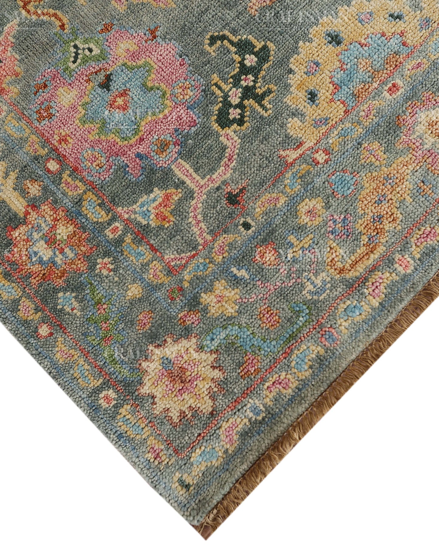 Hand Knotted Oushak Rug – Handmade Vintage Turkish Wool Area Rug | Traditional Floral Oriental Carpet in Sage Green, Blue & Rust