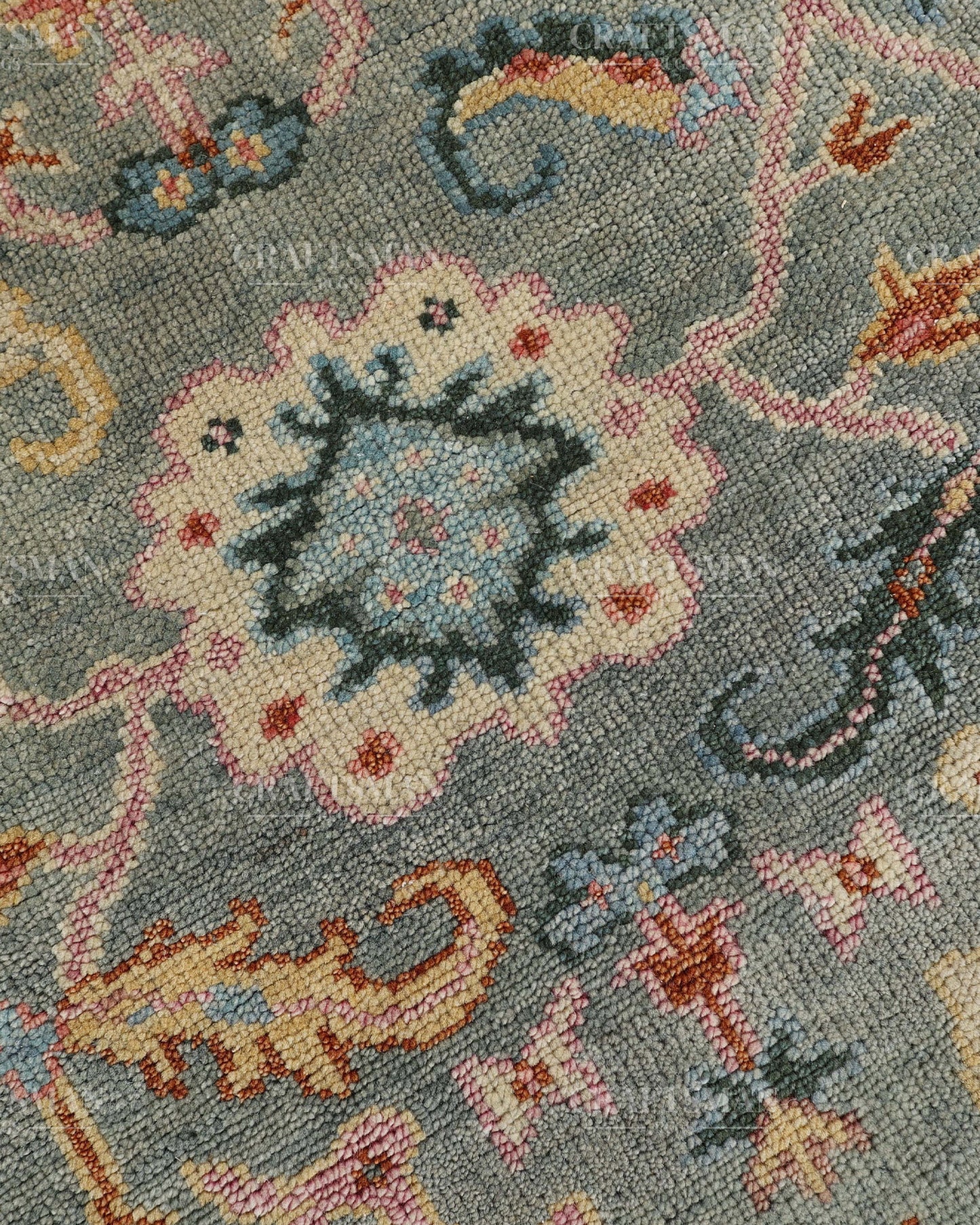 Hand Knotted Oushak Rug – Handmade Vintage Turkish Wool Area Rug | Traditional Floral Oriental Carpet in Sage Green, Blue & Rust