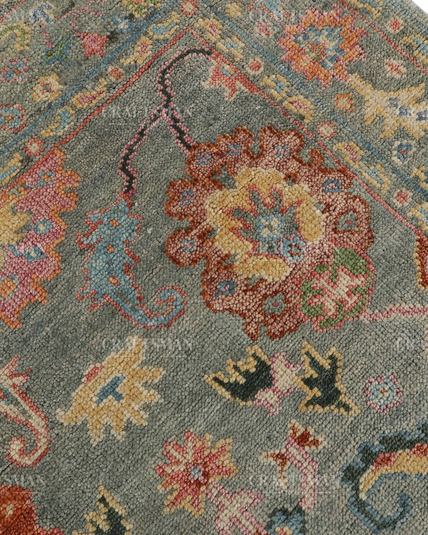 Hand Knotted Oushak Rug – Handmade Vintage Turkish Wool Area Rug | Traditional Floral Oriental Carpet in Sage Green, Blue & Rust