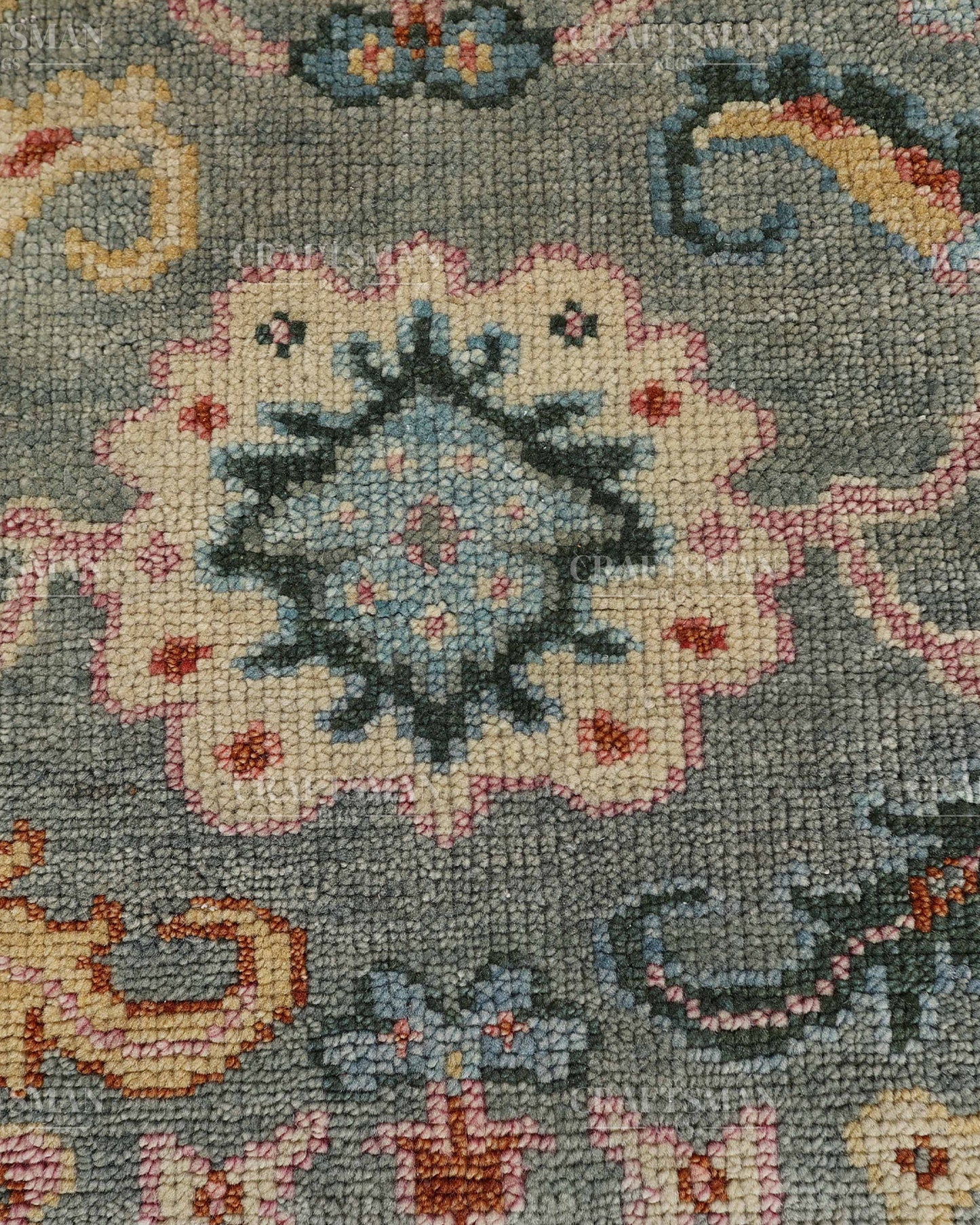 Hand Knotted Oushak Rug – Handmade Vintage Turkish Wool Area Rug | Traditional Floral Oriental Carpet in Sage Green, Blue & Rust