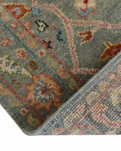 Hand Knotted Oushak Rug – Handmade Vintage Turkish Wool Area Rug | Traditional Floral Oriental Carpet in Sage Green, Blue & Rust