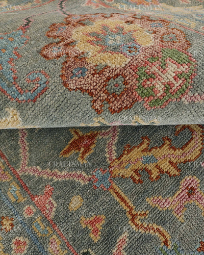Hand Knotted Oushak Rug – Handmade Vintage Turkish Wool Area Rug | Traditional Floral Oriental Carpet in Sage Green, Blue & Rust