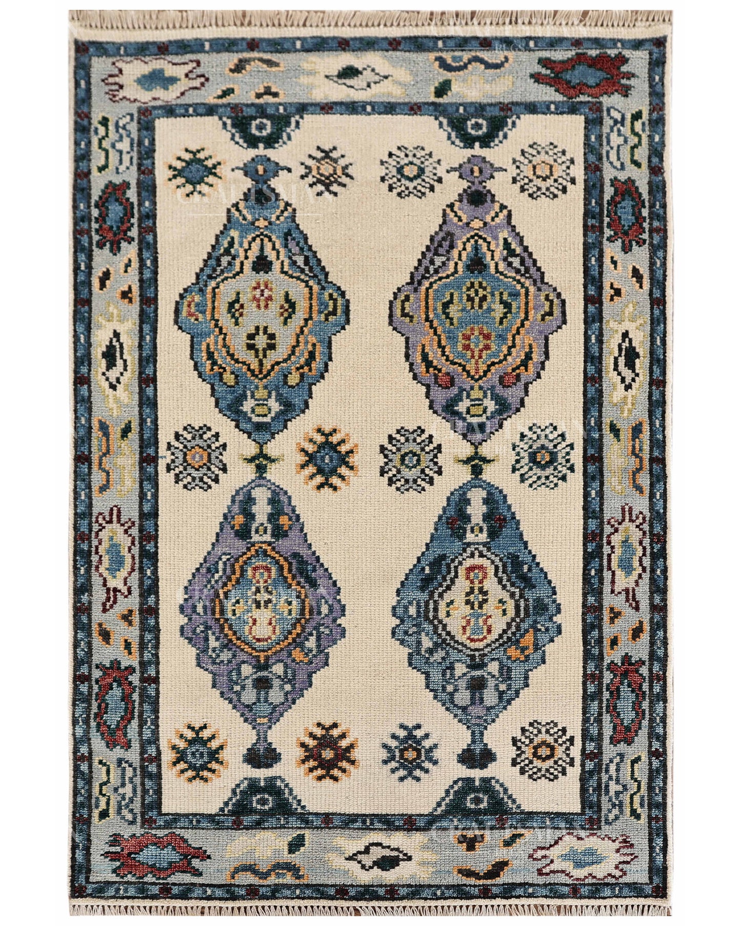 Hand Tufted Oushak Rug – Handmade Vintage Turkish Wool Area Rug | Traditional Floral Medallion Carpet in Ivory, Blue & Lavender