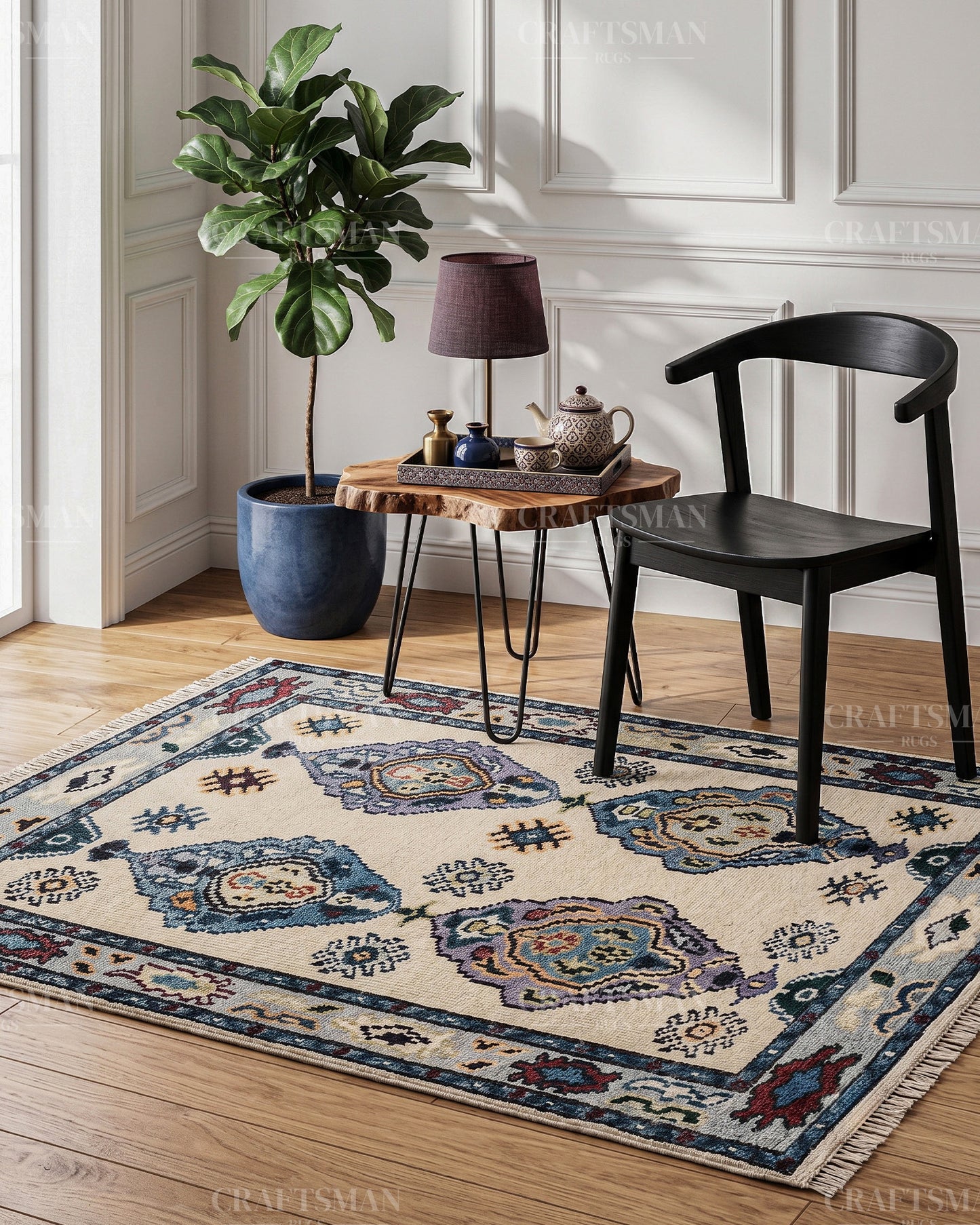 Hand Knotted Oushak Rug – Handmade Vintage Turkish Wool Area Rug | Traditional Floral Medallion Carpet in Ivory, Blue & Lavender
