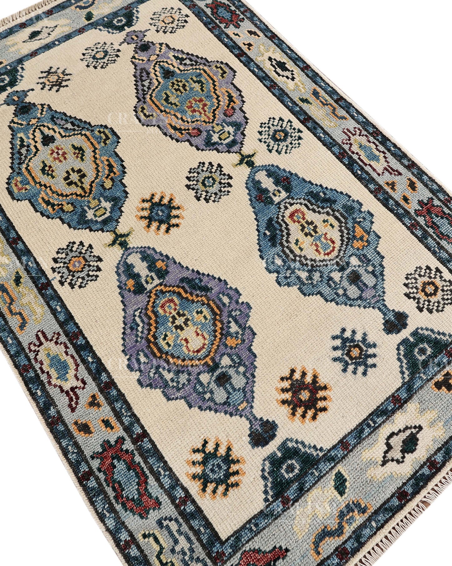 Hand Tufted Oushak Rug – Handmade Vintage Turkish Wool Area Rug | Traditional Floral Medallion Carpet in Ivory, Blue & Lavender
