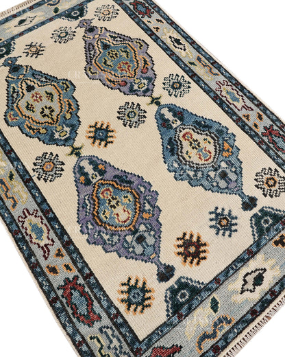 Hand Tufted Oushak Rug – Handmade Vintage Turkish Wool Area Rug | Traditional Floral Medallion Carpet in Ivory, Blue & Lavender