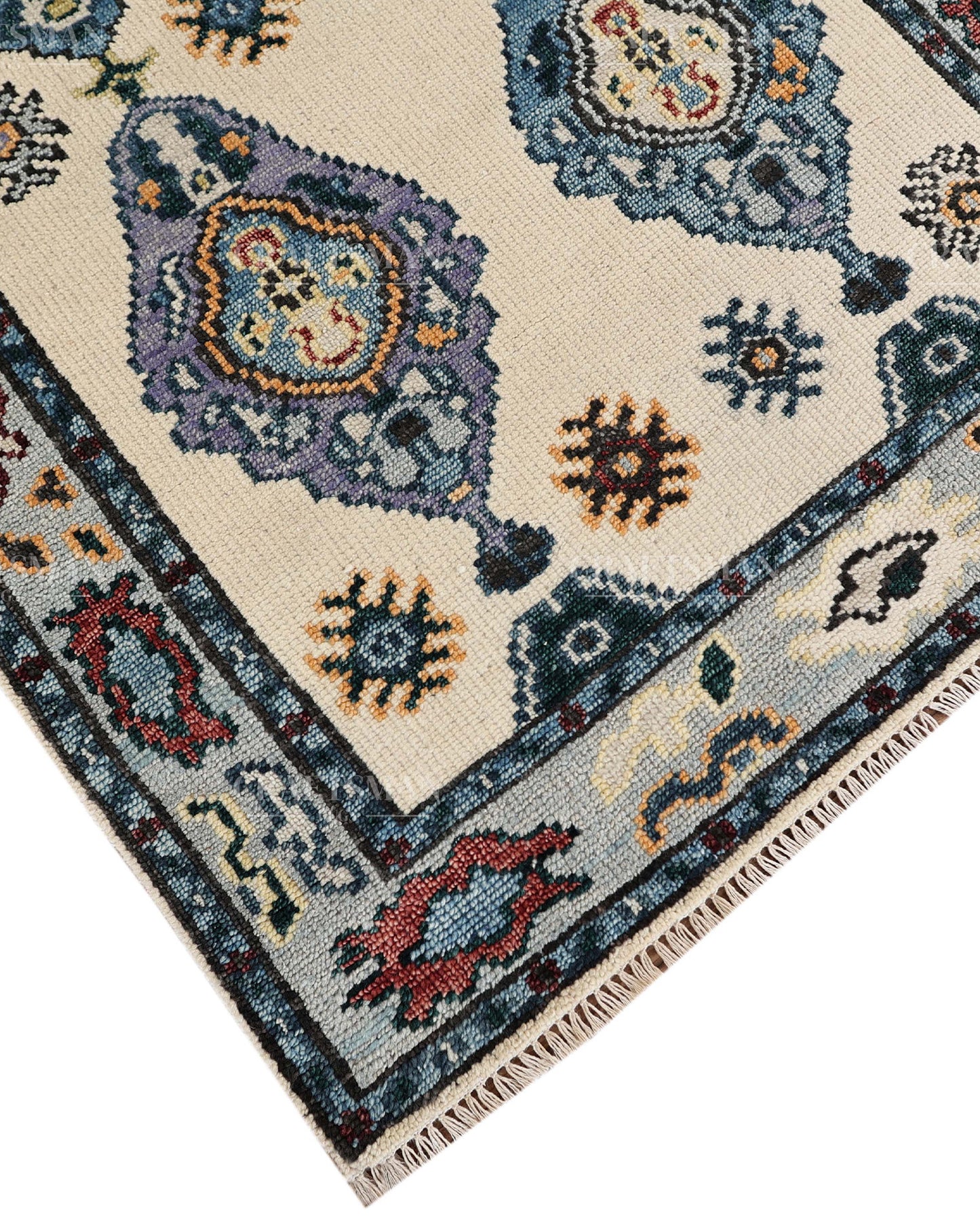 Hand Tufted Oushak Rug – Handmade Vintage Turkish Wool Area Rug | Traditional Floral Medallion Carpet in Ivory, Blue & Lavender