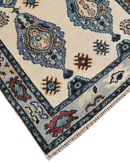 Hand Tufted Oushak Rug – Handmade Vintage Turkish Wool Area Rug | Traditional Floral Medallion Carpet in Ivory, Blue & Lavender