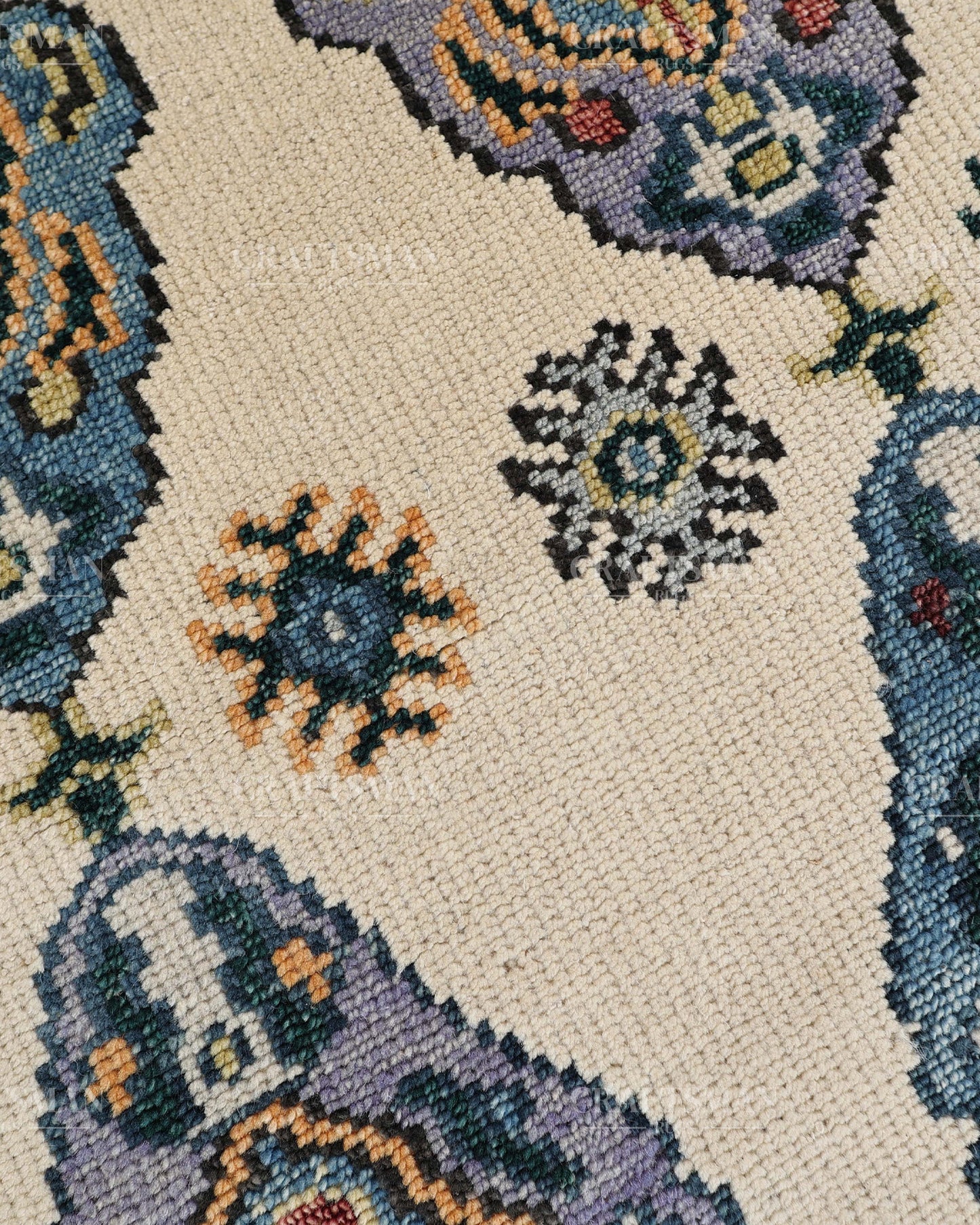 Hand Tufted Oushak Rug – Handmade Vintage Turkish Wool Area Rug | Traditional Floral Medallion Carpet in Ivory, Blue & Lavender