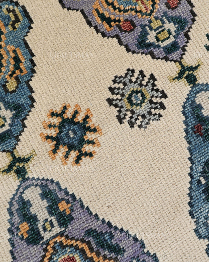 Hand Tufted Oushak Rug – Handmade Vintage Turkish Wool Area Rug | Traditional Floral Medallion Carpet in Ivory, Blue & Lavender