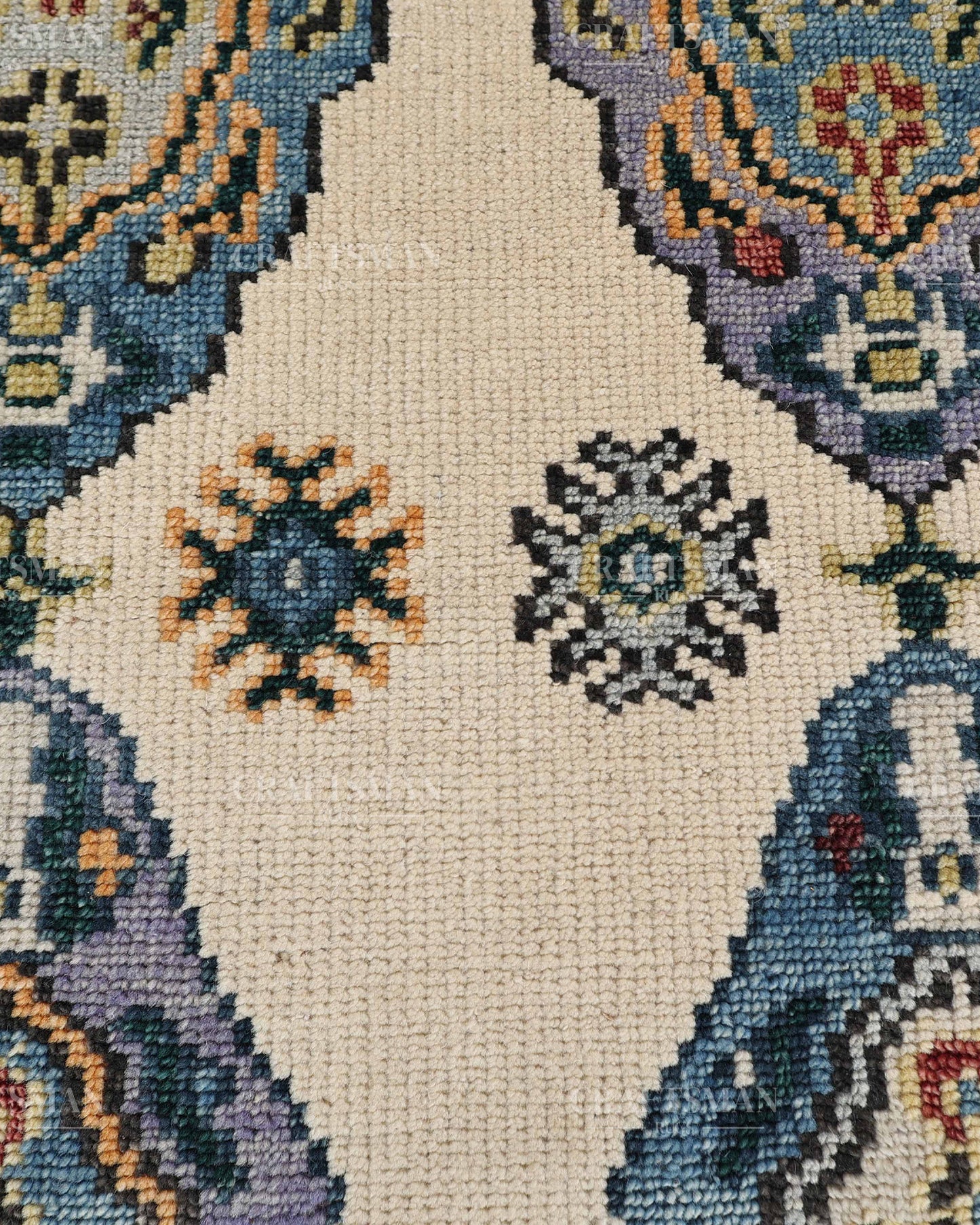 Hand Tufted Oushak Rug – Handmade Vintage Turkish Wool Area Rug | Traditional Floral Medallion Carpet in Ivory, Blue & Lavender