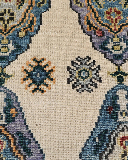 Hand Tufted Oushak Rug – Handmade Vintage Turkish Wool Area Rug | Traditional Floral Medallion Carpet in Ivory, Blue & Lavender