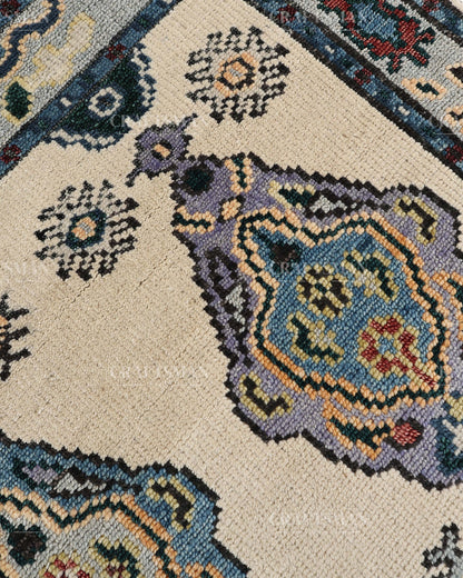 Hand Tufted Oushak Rug – Handmade Vintage Turkish Wool Area Rug | Traditional Floral Medallion Carpet in Ivory, Blue & Lavender