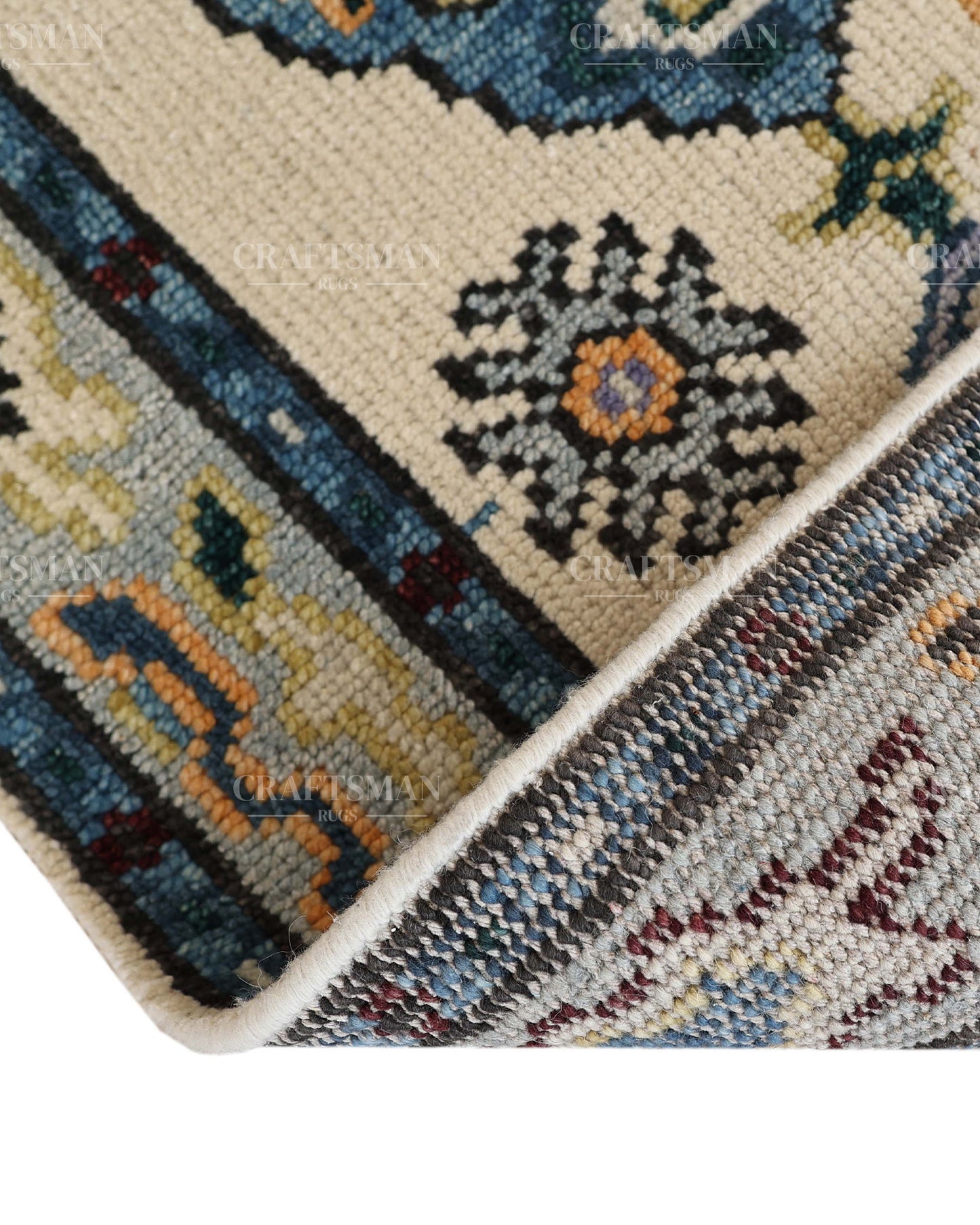 Hand Tufted Oushak Rug – Handmade Vintage Turkish Wool Area Rug | Traditional Floral Medallion Carpet in Ivory, Blue & Lavender