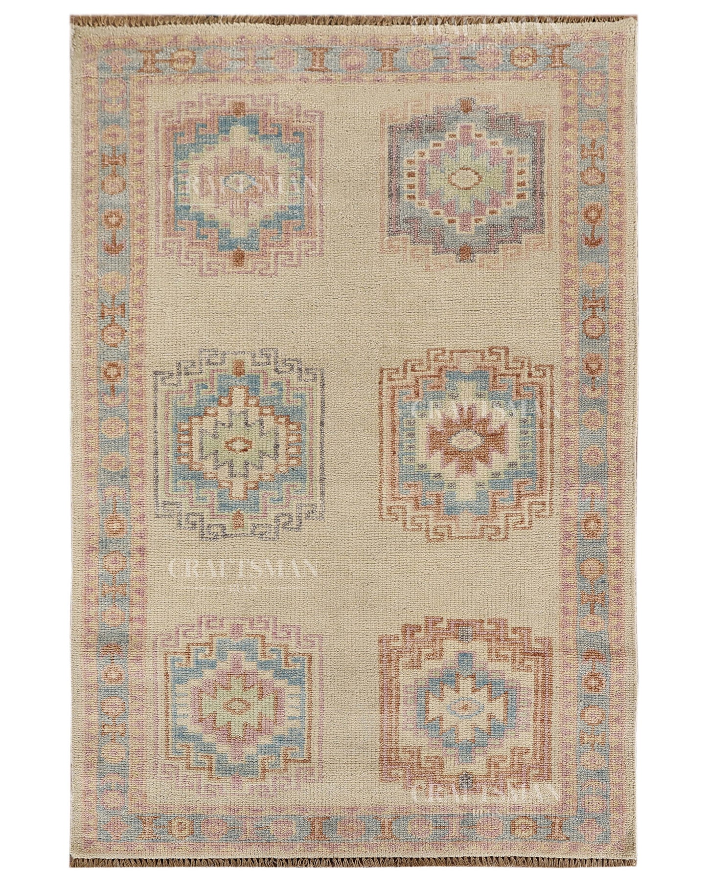 Hand Tufted Oushak Rug – Handmade Southwestern Geometric Wool Area Rug | Vintage Turkish Inspired Carpet in Ivory, Blush Pink & Sky Blue