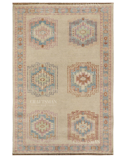 Hand Tufted Oushak Rug – Handmade Southwestern Geometric Wool Area Rug | Vintage Turkish Inspired Carpet in Ivory, Blush Pink & Sky Blue