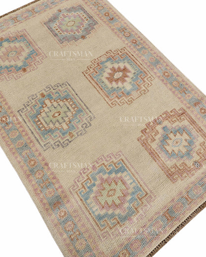 Hand Tufted Oushak Rug – Handmade Southwestern Geometric Wool Area Rug | Vintage Turkish Inspired Carpet in Ivory, Blush Pink & Sky Blue