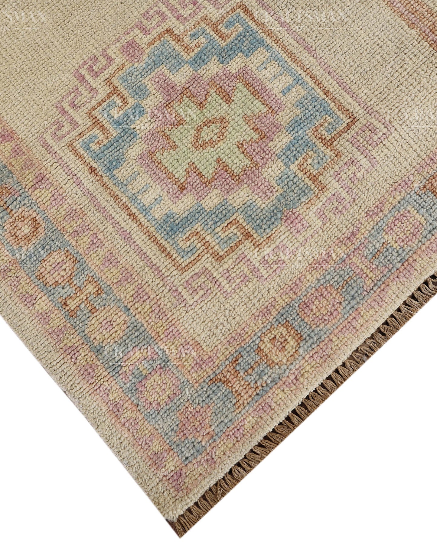 Hand Tufted Oushak Rug – Handmade Southwestern Geometric Wool Area Rug | Vintage Turkish Inspired Carpet in Ivory, Blush Pink & Sky Blue
