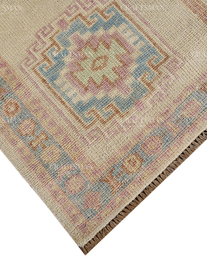 Hand Tufted Oushak Rug – Handmade Southwestern Geometric Wool Area Rug | Vintage Turkish Inspired Carpet in Ivory, Blush Pink & Sky Blue