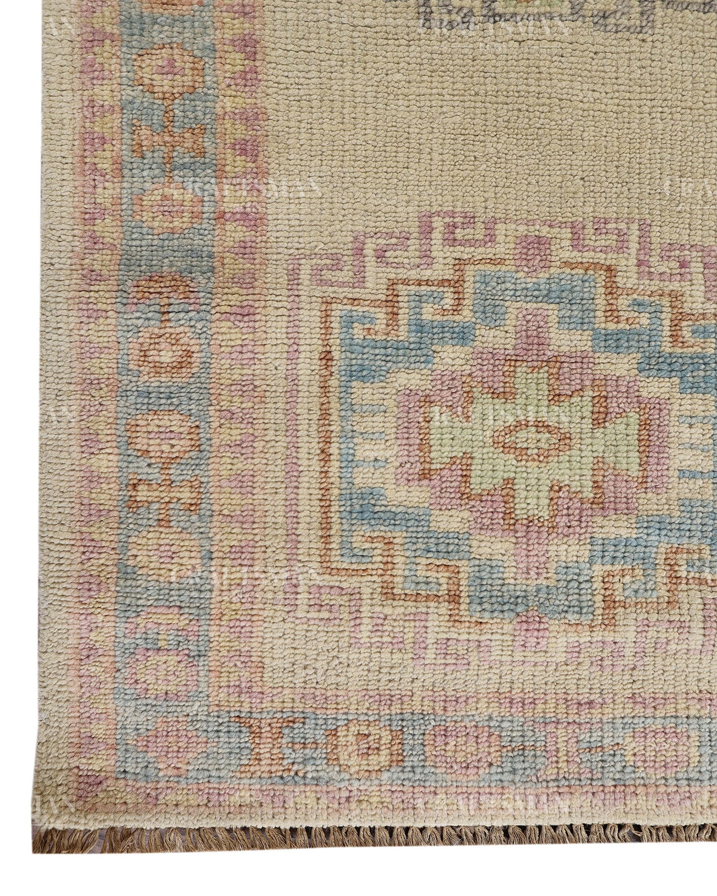 Hand Tufted Oushak Rug – Handmade Southwestern Geometric Wool Area Rug | Vintage Turkish Inspired Carpet in Ivory, Blush Pink & Sky Blue