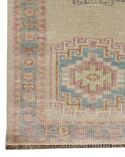 Hand Tufted Oushak Rug – Handmade Southwestern Geometric Wool Area Rug | Vintage Turkish Inspired Carpet in Ivory, Blush Pink & Sky Blue