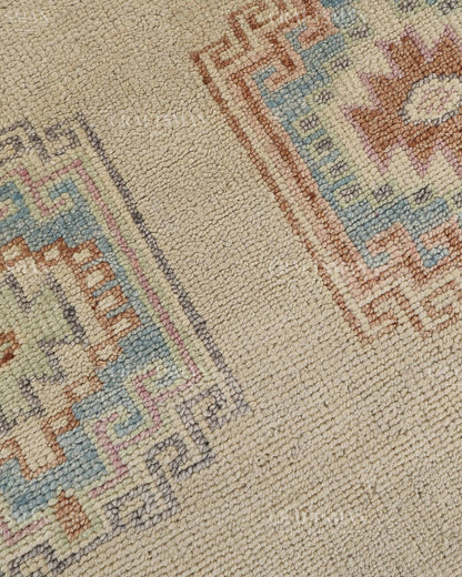 Hand Tufted Oushak Rug – Handmade Southwestern Geometric Wool Area Rug | Vintage Turkish Inspired Carpet in Ivory, Blush Pink & Sky Blue